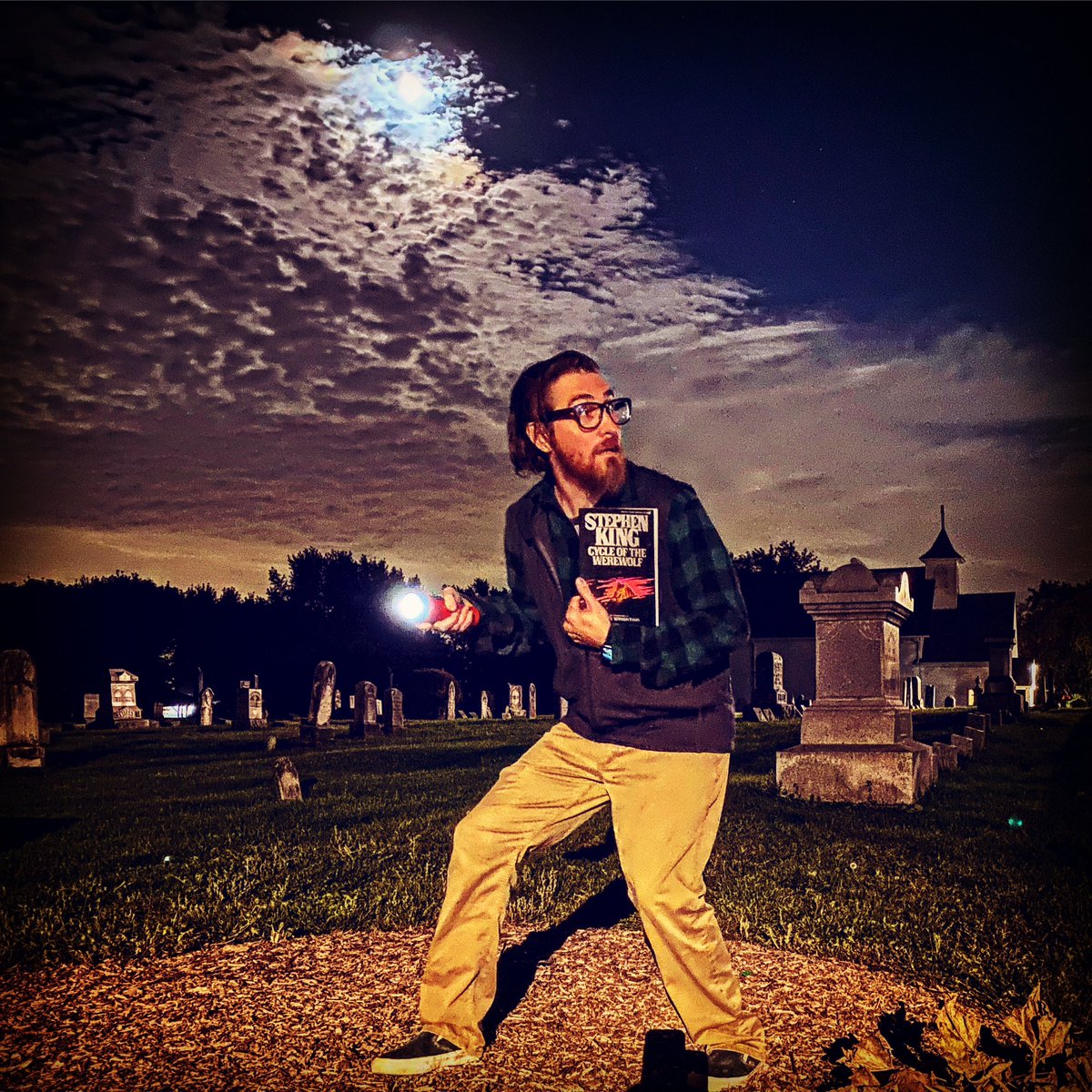 HebronPublic's tweet photo. Been doing a #31BooksofHalloween series at the Library and a loyal patron suggested I use the cemetery next door to us for a photo op… Had to pick a @StephenKing book as my recommended reading for this one. I know it’s not #Maine but I hope I did #CycleoftheWerewolf justice! https://t.co/TPhr4RuZM2