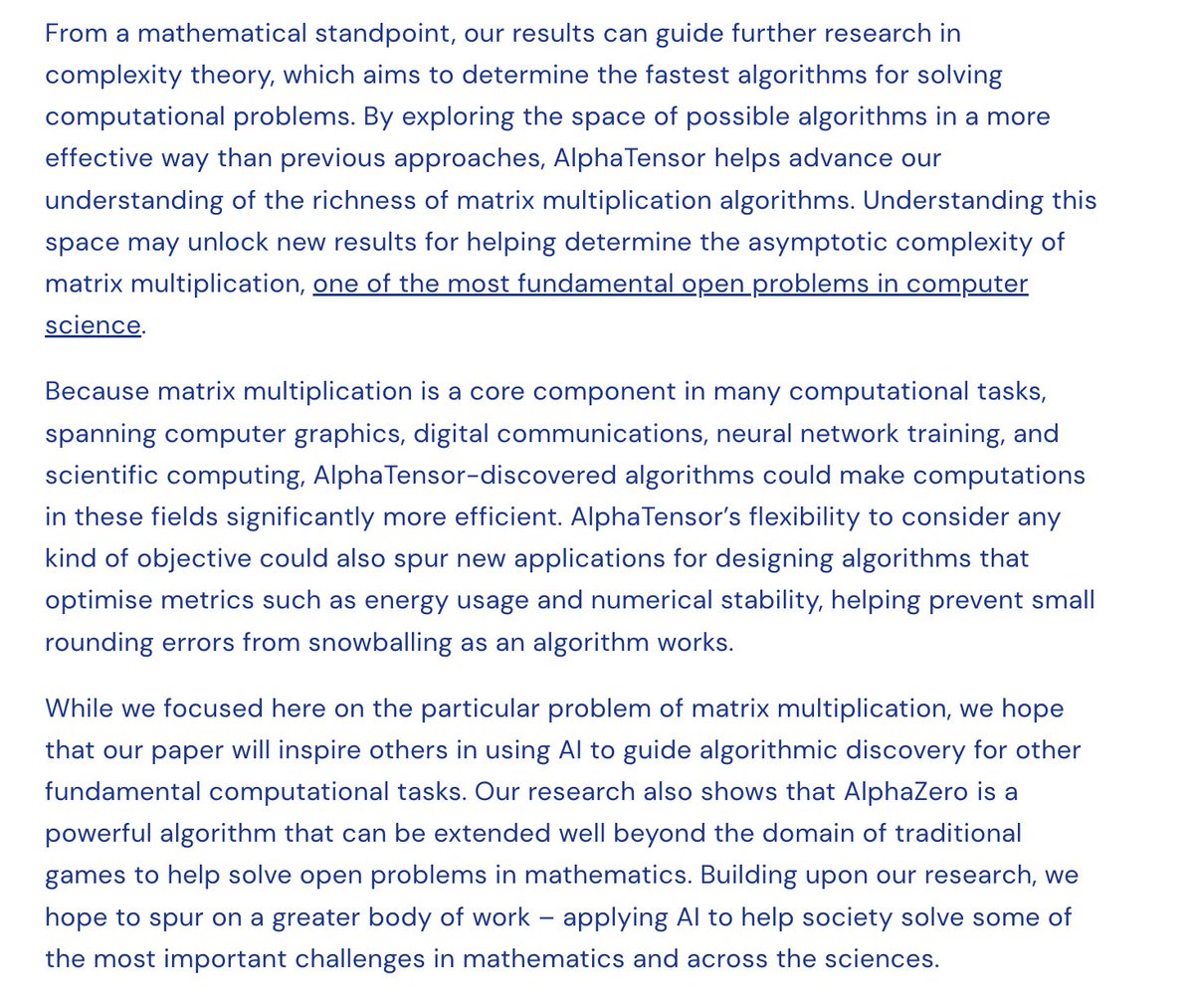 memoakten's tweet image. This feels huge. 

#AlphaTensor discovers a new algorithm that is more efficient than the one in use since 53 yrs 😲

Incidentally, the optimized task is matmul, used everywhere. So potential impact huge.

Including AI.

Ie we have AI optimizing future AI🤔😅

amazing work fr tho
