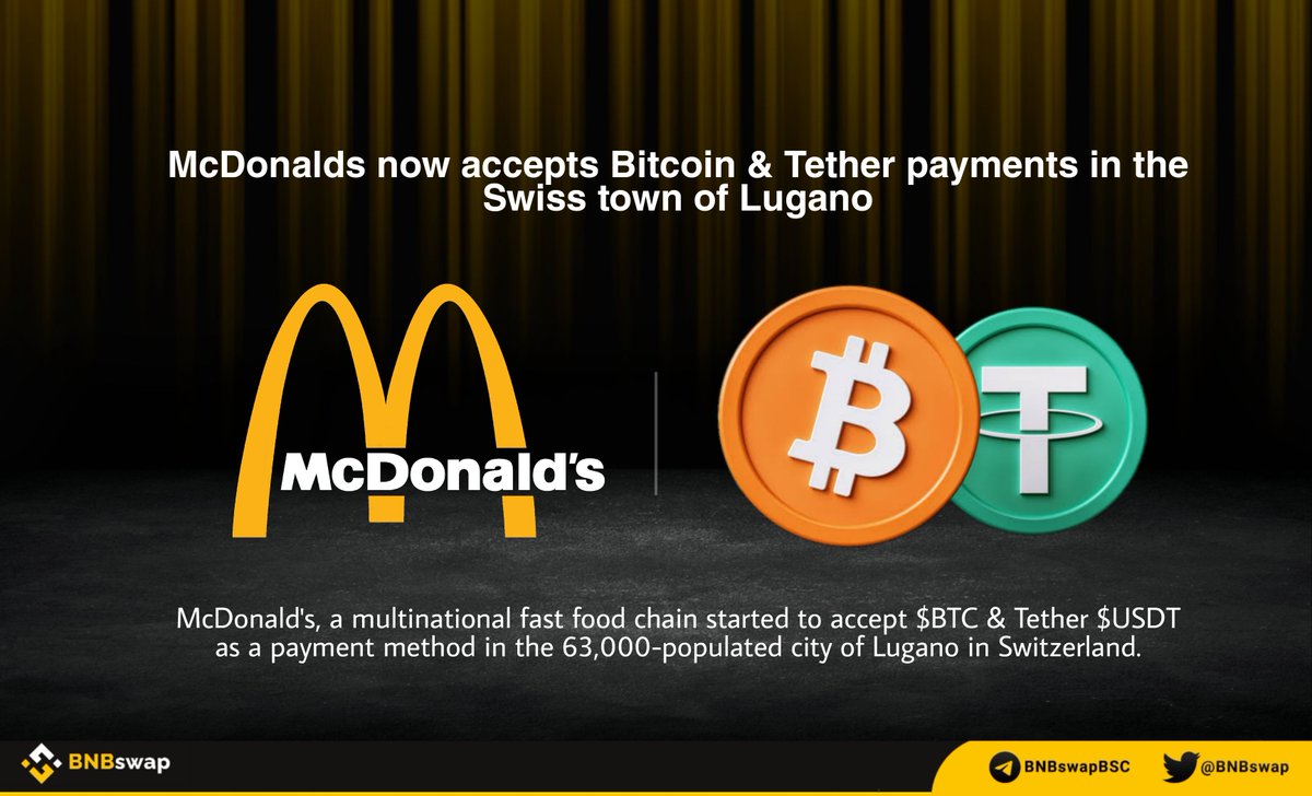📢 @McDonalds now accepts #Bitcoin & #Tether payments in the Swiss town of Lugano #McDonald's, a multinational fast food chain started to accept $BTC & @Tether_to $USDT as a payment method in the 63,000-populated city of Lugano in Switzerland. cointelegraph.com/news/mcdonald-… #BTC $BNB