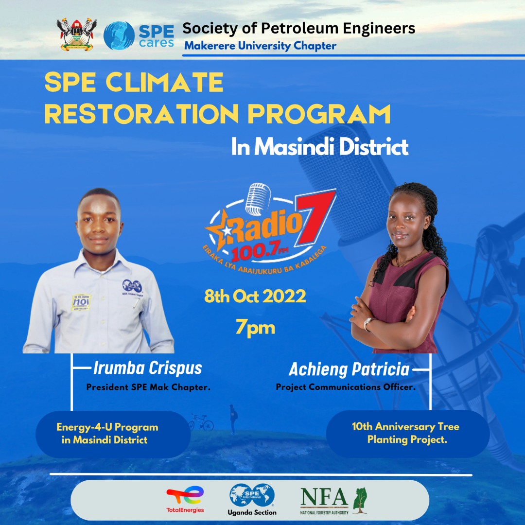 spe_muk's tweet photo. We shall launch our SPE Cares program in Masindi District. A day before the official launch, we shall have a radio program on @Radio7Uganda to discuss our action plan. Tune in to find out @SPEtweets @SpeUganda @NFAUG @TotalEnergiesUG @TotalEnergies @mpgsMak @KabalegaOldBoys https://t.co/2v1h9hQFEt