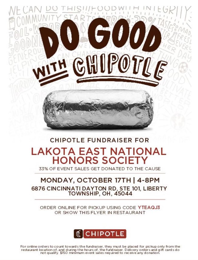 Lakota_EastNHS's tweet image. We will see you all at Chipotle the 17th to grab a burrito and raise some money! 🌯🥤