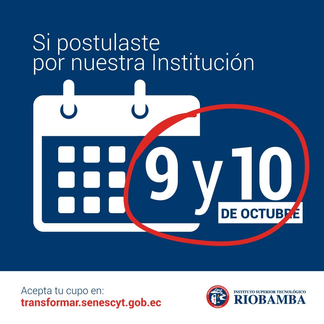 ✅Si postulaste del 2 al 4 de octubre por el Instituto Superior Tecnológico Riobamba, 👁es importante que ACEPTES TU CUPO EL DOMINGO 9 Y LUNES 10 DE OCTUBRE.✅
<a href="/EduSuperiorEc/">Viceministerio de Educación Superior</a>

🖱👩‍💻👉transformar.senescyt.gob.ec 👈

Somos #La_nueva_era_en_la_educación_superior