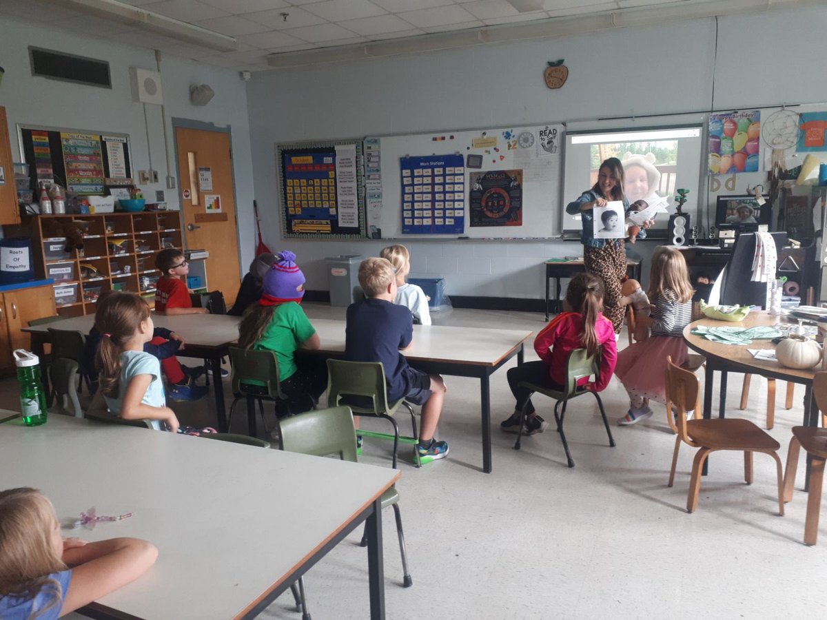 Roots of Empathy in Grade 2 Cousins started today! Introducing Baby Brooklyn 😊