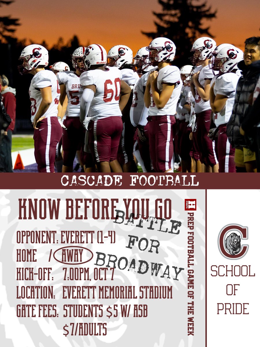 Tomorrow is game 6 of the <a href="/CascadeBruins/">Cascade Bruins</a> 2022 season! The Bruins face-off against cross-town rivals the Everett Seagulls in the Battle for Broadway! <a href="/EverettSchools/">Everett Public Schools.WA</a> 

#GoBruins #BruinPride #SchoolOfPride #WeAreTheBruins