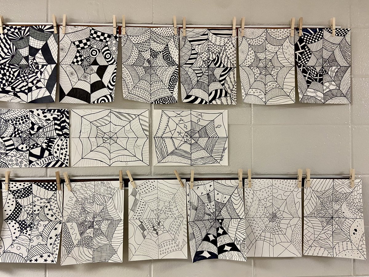 MsGraysArtRoom's tweet photo. Ashville Art I students’ Zentangles hanging loud and proud down the hallway of AHS - that’s a wrap on our line unit. 

#artiscool #keepsrtinschool #ArtistOnTwitter https://t.co/ctOkjlCo5q