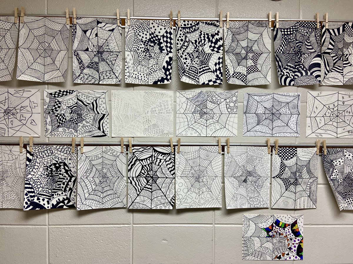 MsGraysArtRoom's tweet photo. Ashville Art I students’ Zentangles hanging loud and proud down the hallway of AHS - that’s a wrap on our line unit. 

#artiscool #keepsrtinschool #ArtistOnTwitter https://t.co/ctOkjlCo5q