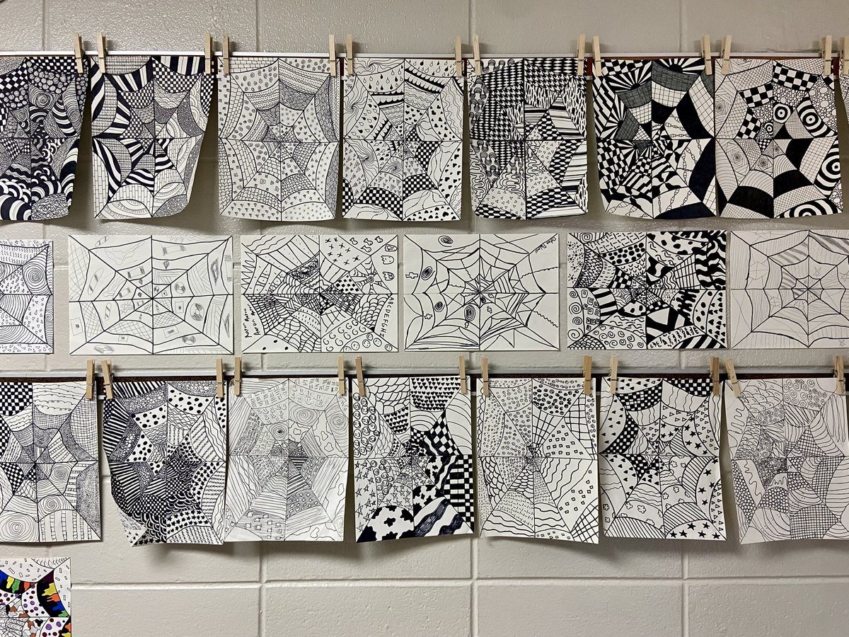 MsGraysArtRoom's tweet photo. Ashville Art I students’ Zentangles hanging loud and proud down the hallway of AHS - that’s a wrap on our line unit. 

#artiscool #keepsrtinschool #ArtistOnTwitter https://t.co/ctOkjlCo5q