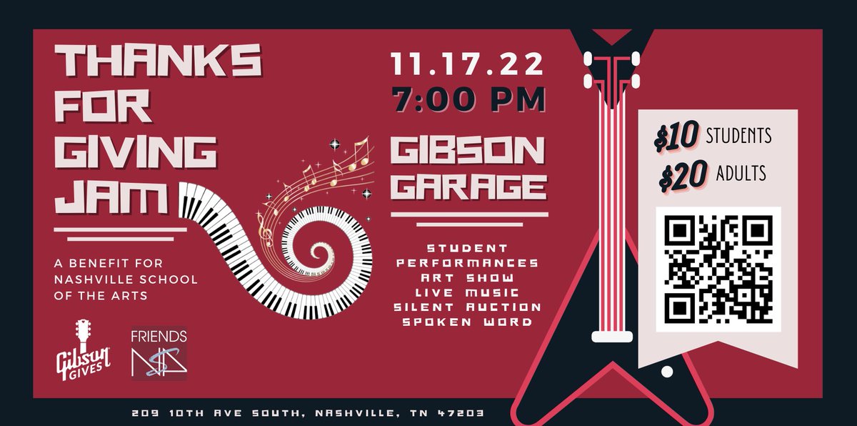 Friends of NSA (@friendsofnsa) on Twitter photo Get your tickets for the 2022 FNSA Thanks For Giving Jam on 11/17/22 at Gibson Garage and support <a href="/NSA_Magnet/">Nashville School of the Arts</a>
TICKETS
$10 children and students
$20 adults (includes one drink ticket!)
Tickets and info here: eventbrite.com/e/nsa-thanks-f… Get your tickets for the 2022 FNSA Thanks For Giving Jam on 11/17/22 at Gibson Garage and support <a href="/NSA_Magnet/">Nashville School of the Arts</a>
TICKETS
$10 children and students
$20 adults (includes one drink ticket!)
Tickets and info here: eventbrite.com/e/nsa-thanks-f…