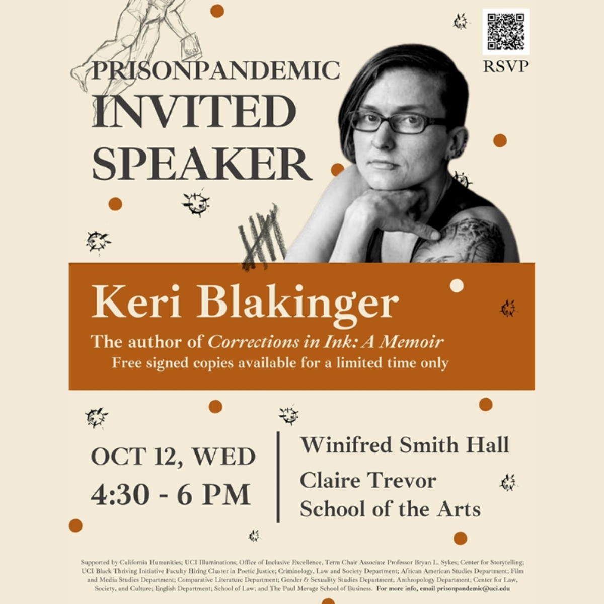 Prison Pandemic exhibit presents invited speaker Keri Blakinger, author of 'Corrections in Ink: A Memoir,' from 4:30-6 p.m. Wed., 10/12, in @UCIrvine @CTSA_UCIrvine's Winifred Smith Hall. Free signed books will be available for a limited time. bit.ly/3Dn9yzp