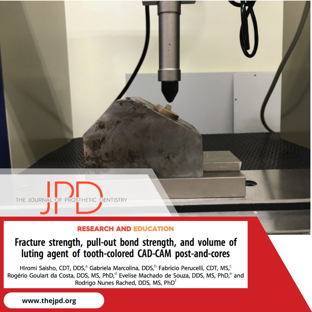 JPDentistry's tweet image. #CADCAM provides alternative restorative solutions for #postandcore materials. This study compares the #bondstrength and #fractureresistance of digitally-manufactured #endodonticrestorations including #PEEK, #nanohybridcomposite, and #fiberepoxyresin: thejpd.org/article/S0022-…