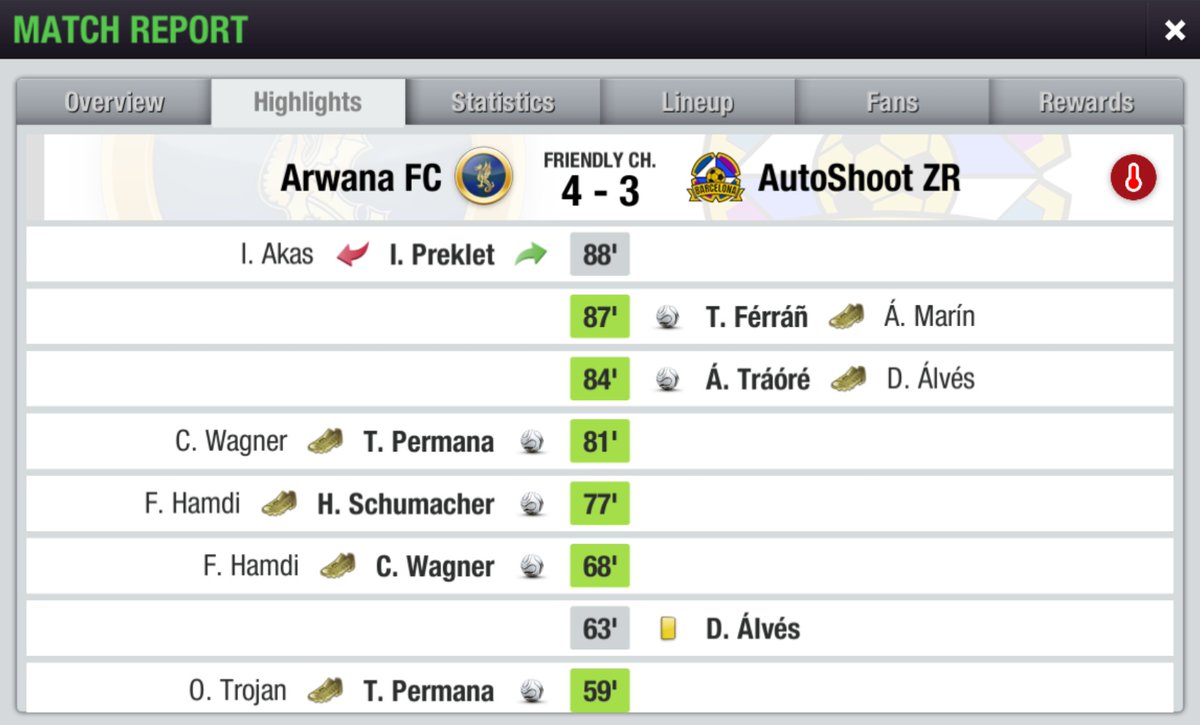 LIGA 1 <a href="/LigaTopEleven/">Liga Top Eleven Indonesia 🇮🇩</a> SEASON 21
Match 2️⃣0️⃣

Arwana FC 4-3 <a href="/AutoShootZR/">AutoShoot ZR</a>
⚽⚽ T. Permana 59', 81'
⚽ C. Wagner 68'
⚽ H. Schumacher 77'
-
⚽ P. Áúbáméyáng 33'
⚽ Á. Tráóré 84'
⚽ T. Férrán 87'

Kami beruntung bisa mengamankan 3 poin.

#COYBD
#TopEleven
#LigaTopEleven
#Liga1S21