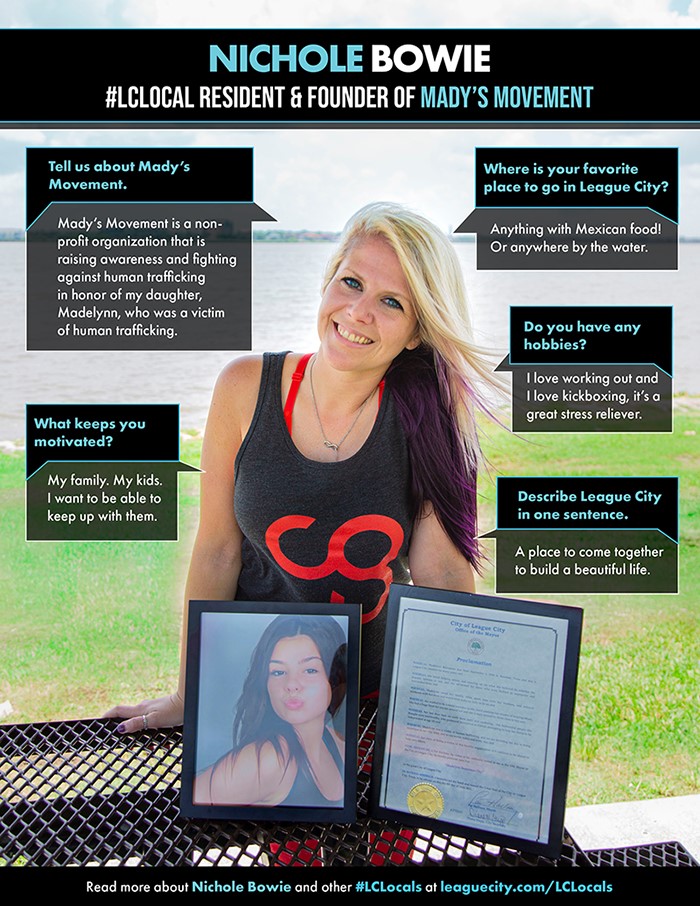 LeagueCityTX's tweet photo. Meet #LCLocal Nichole Bowie, founder of Mady’s Movement, a non-profit organization raising awareness about human trafficking. Join her on Oct. 6, 5:30 to 7:30 p.m., at the Civic Center for an educational event about human trafficking.
Read the interview at https://t.co/uaWTJrBFz5 https://t.co/KEPUWgNLzG