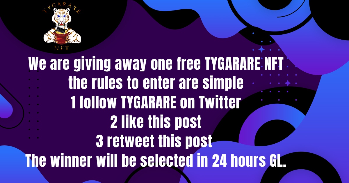 tygarare_nft's tweet photo. We are giving away one free TYGARARE NFT the rules to enter are simple
1 follow TYGARARE on Twitter
2 like this post
3 retweet this post 
The winner will be selected in 24 hours GL. #freenft #nftgiveaway #nfts #pte #nftart #nft #crypto #cryptoart https://t.co/7R9hDs67gC