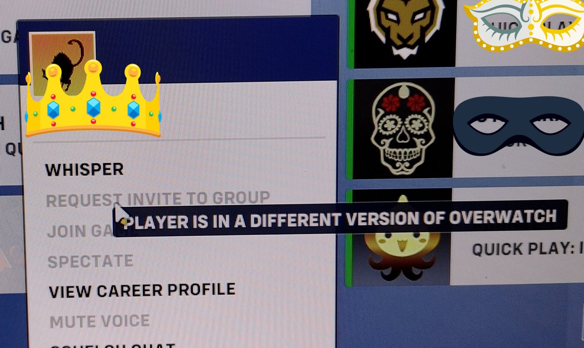 Mizchevious136's tweet photo. @PlayOverwatch what does this mean!? All but 1 person on my friends list comes up with this. Including my spawn who's 10 feet away from me?? I haven't had any patches come thru so how can there be a different version!?! https://t.co/ItH9ehchjJ