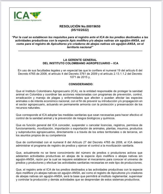 fedeabejas's tweet photo. Señores @ICACOLOMBIA Dra.@deyabarrerorol , no es posible que emitan esta resolución ignorando lo ordenado por la Ley 2193 de 6 de enero de 2.022, articulo 5 inciso 1 y el articulo 17 de dicha ley. Resolución contraria a la Ley. @MinAgricultura @CeciliaLopezM https://t.co/5HPLvcwAsR