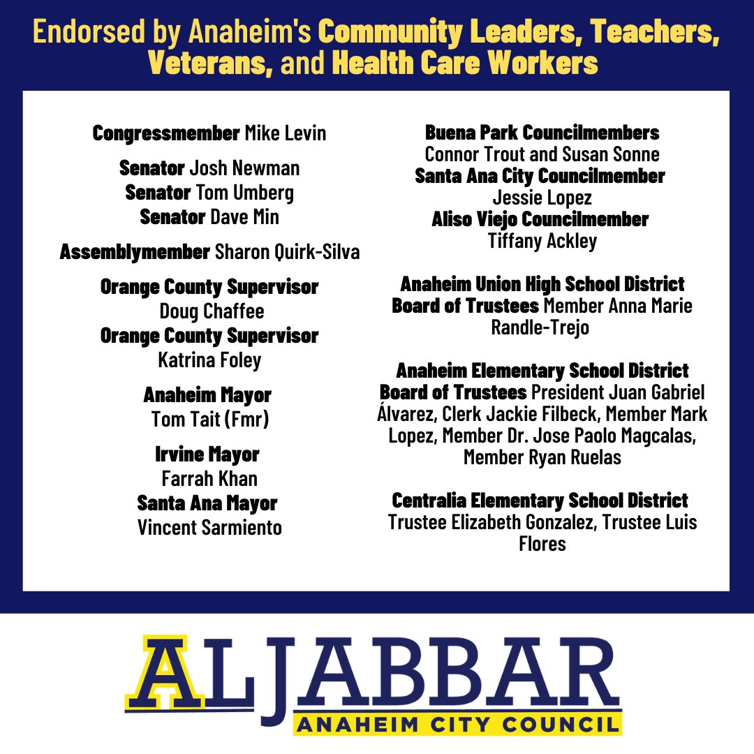 JoinAlJabbar's tweet photo. I'm grateful to have earned endorsements from Anaheim’s and Orange County’s community leaders, teachers, veterans, and health care workers. I look forward to working with them and you to root out corruption at City Hall and bring the focus back on our families and neighborhoods. https://t.co/Yhiw1WLwuu