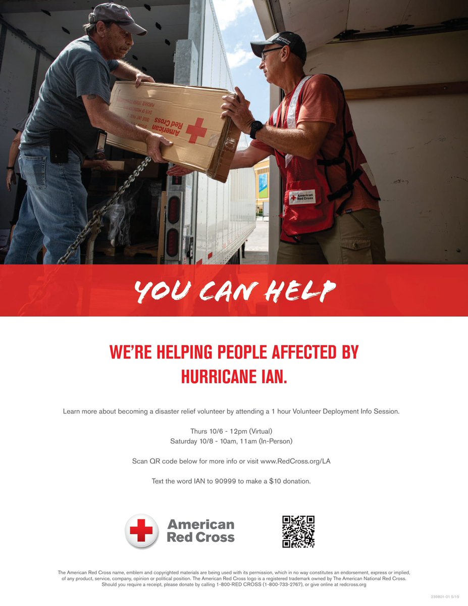 Our partner @RedCrossLA is looking for Angelenos interested in deploying to support relief efforts across Florida. Info sessions are taking place tomorrow and Saturday! Learn More » redcross.org/la