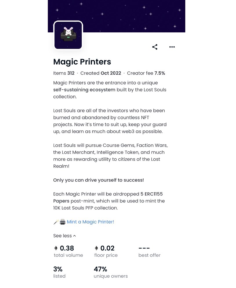 Numbers matter!

3% Listed (Only 8 Magic Printers!)
47% Unique Ownership
312 Magic Printers

Unique mint that benefits early participants, and an expansive ecosystem catered towards creating value for investors!

Mint now: magicprinter.xyz
or Sweep: gem.xyz/collection/mag…