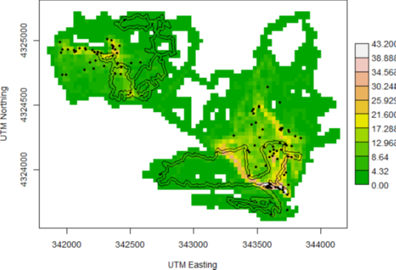 andyroyle_pwrc's tweet photo. They key idea is to integrate the spatially heterogeneous search effort into capture-recapture models. Shown here are 2 buffered search tracks + total search effort during the season over our study area. Encounter locs = black dots
2/n
#turtlescience https://t.co/C7wOqIlBOx
