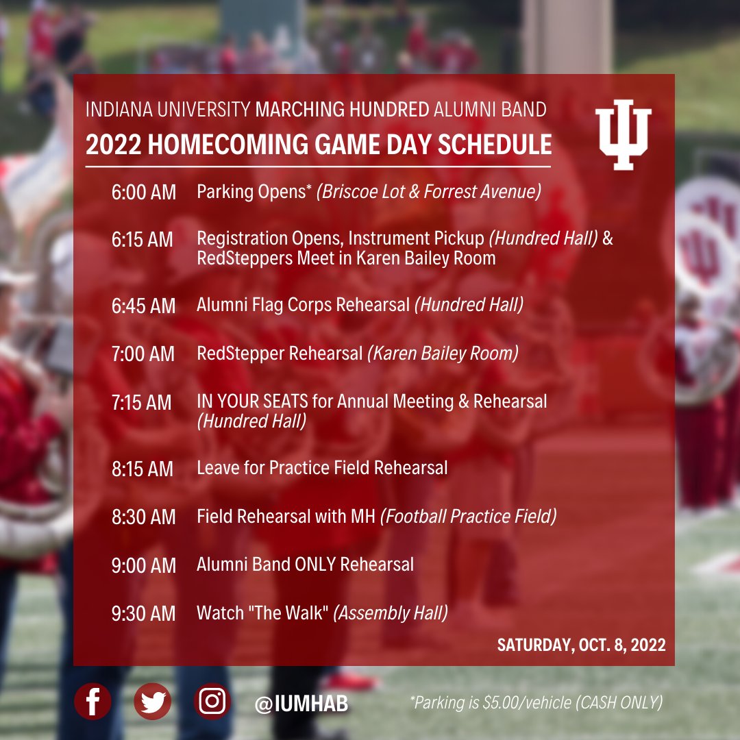 IUMHAB's tweet image. Here is the #IUHomecoming Game Day schedule for tomorrow!! Please make sure you check out the details on parking and attire before our annual meeting at 7:15AM tomorrow. 
.
More details here: bit.ly/2022KBYG.