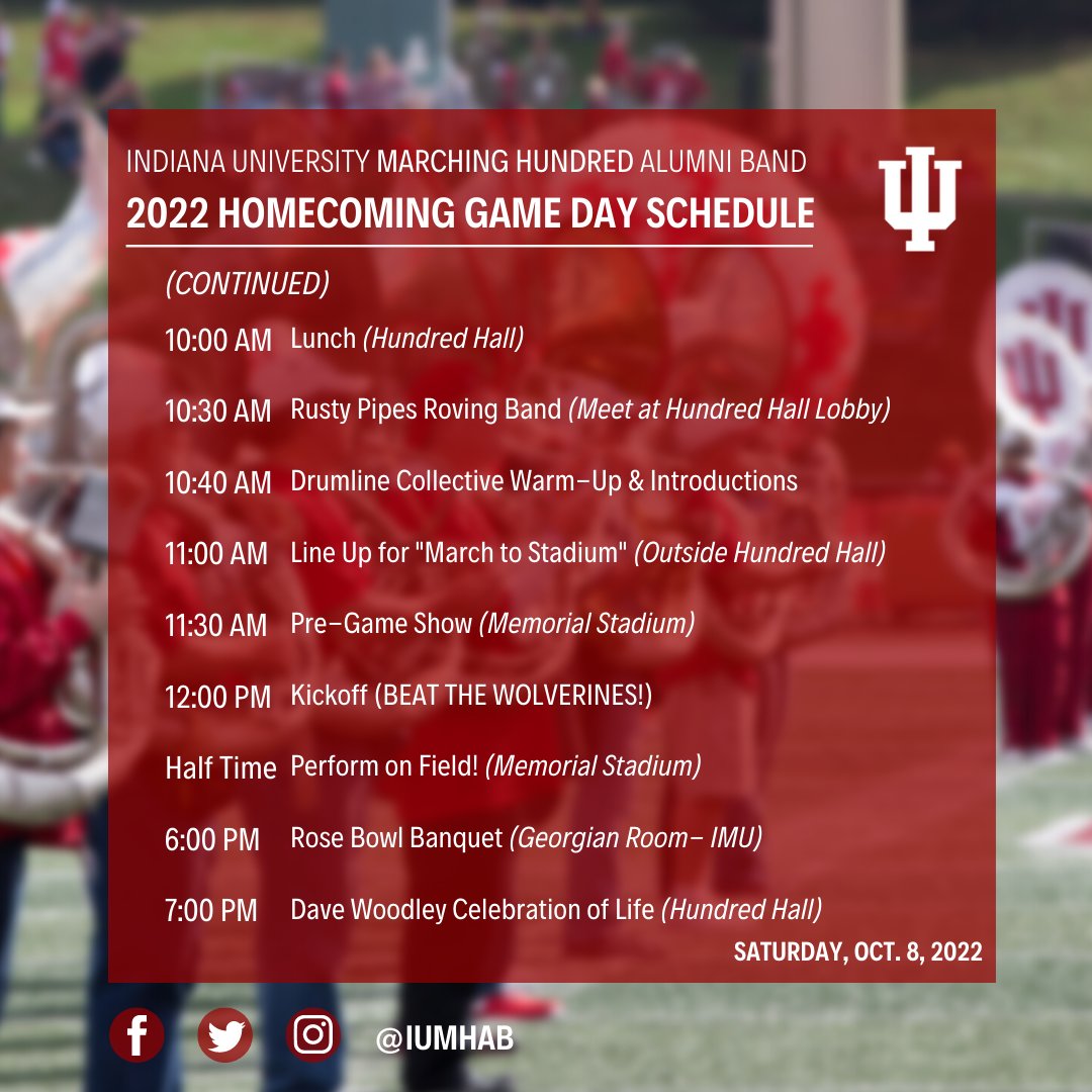 IUMHAB's tweet image. Here is the #IUHomecoming Game Day schedule for tomorrow!! Please make sure you check out the details on parking and attire before our annual meeting at 7:15AM tomorrow. 
.
More details here: bit.ly/2022KBYG.