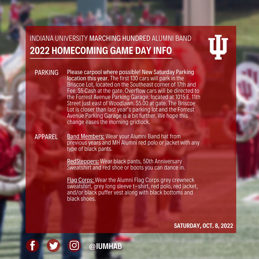 IUMHAB's tweet image. Here is the #IUHomecoming Game Day schedule for tomorrow!! Please make sure you check out the details on parking and attire before our annual meeting at 7:15AM tomorrow. 
.
More details here: bit.ly/2022KBYG.