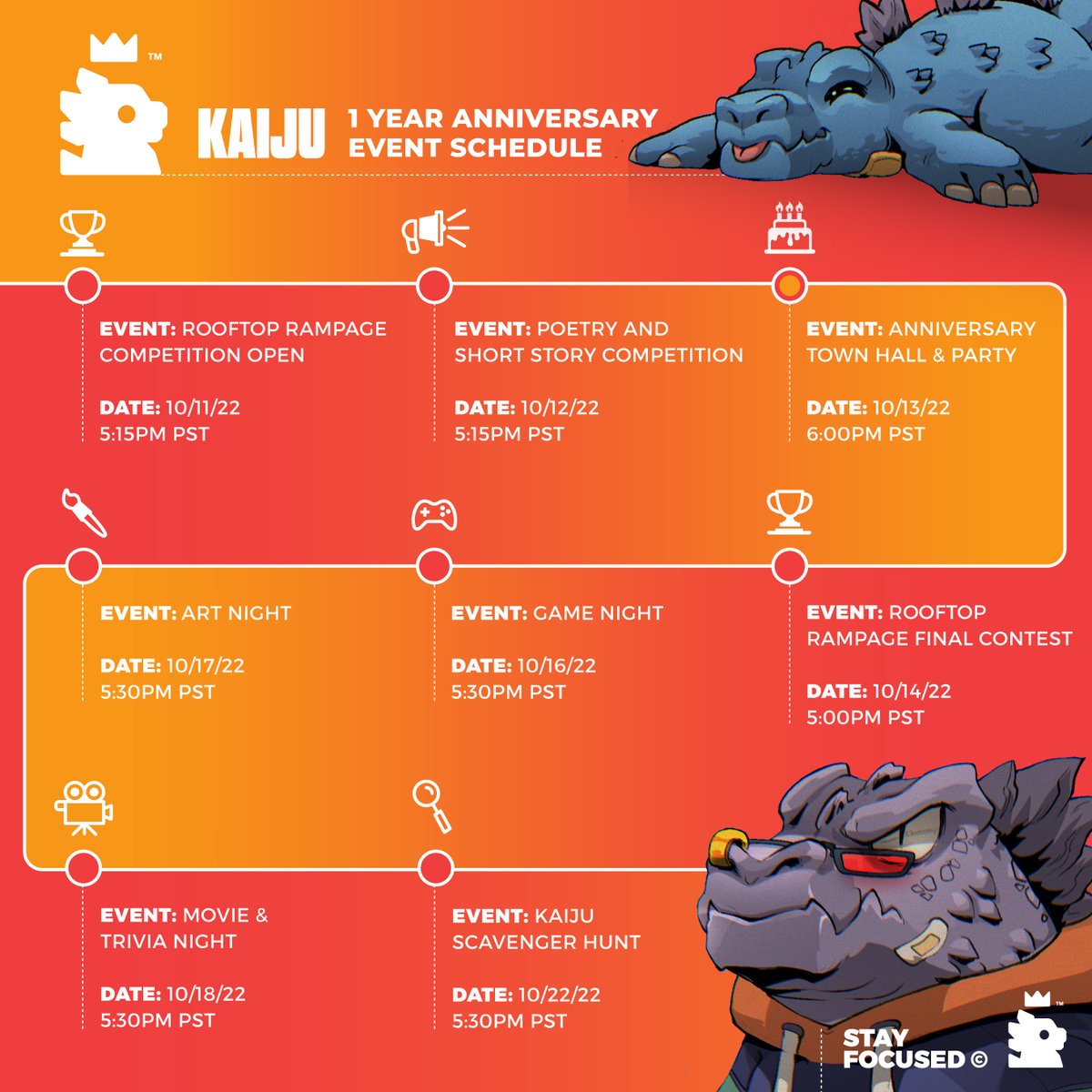 In the month of October, we will be celebrating the 1 Year Anniversary of KaijuKingz 🎉

Check out this calendar for a list of festivities and check the Tweets below for more information 👇