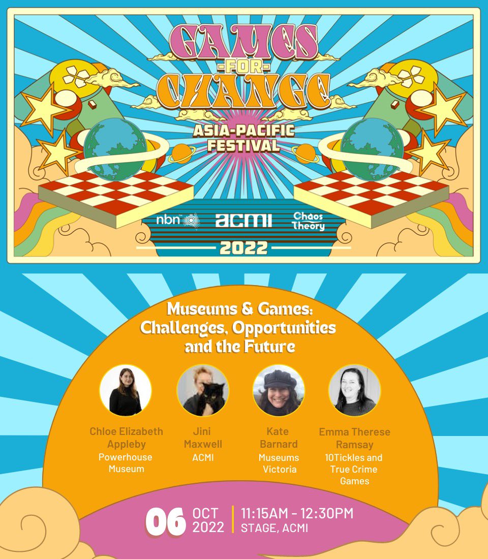 g4capac's tweet image. “Museums &amp;amp; games: Challenges, opportunities and the future” #G4CAPAC panel is starting now! 

Excited to hear from @AppleBee180 @astroblob @truecrimegames @ScienceofKate 🎮✨

Live at ACMI and you can also join online here: hopin.com/events/games-f… #MIGW22