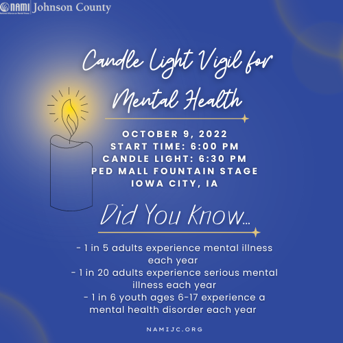 NAMIJCIowa's tweet photo. NAMIJC will be hosting a Candle Light Vigil for Mental Health Awareness this Sunday, Oct 9th. We will be starting at 6:00 pm and lighting the candles at 6:30 pm at the Ped Mall Fountain Stage.

#NotAlone #Together4MH #NAMIJC #NAMIWalks #RPlace #IowaCity #MentalIllness #MIAW #UOfI https://t.co/Hs2LWhV4PC