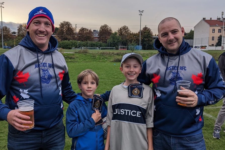JusticeRugby's tweet photo. Even overseas, our top priority is connecting with the youth of a community. We were thrilled to load these two lads up with some swag following Saturday’s matches in Vienna!

#Rugby #RugbyTour https://t.co/SSwIfBkD80