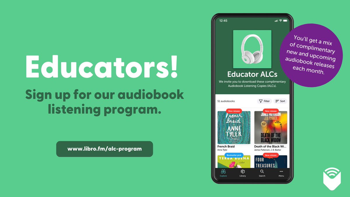 Happy #WorldTeachersDay! We're grateful for all the teachers inspiring new generations to love reading.

Educators—did you know you can receive complimentary new and upcoming audiobooks from Libro.fm? 

Learn more and sign up: libro.fm/alcprogram