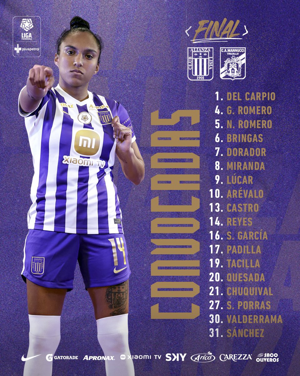 AlianzaLimaFF's tweet photo. ¡𝐂𝐎𝐍𝐕𝐎𝐂𝐀𝐃𝐀𝐒! 🟣⚪️🟣

📋 Ellas son las seleccionadas para la gran finAL ante C.A. Mannucci. 

¡Vamos Alianza! 👊🏾💜

#JuntosPorElBi
#AlianzaLimaEnLaFinAL🏆
#ArribaAlianza https://t.co/WSAduJpKvs