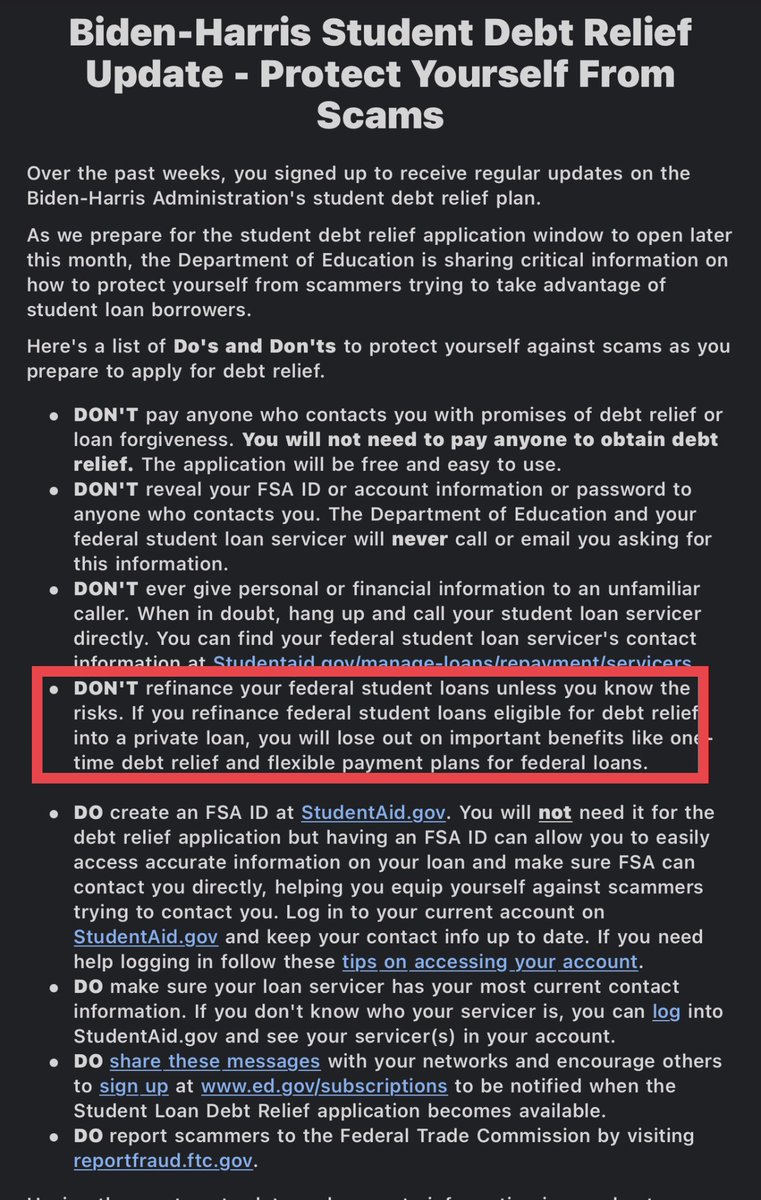 ShondaMartin_'s tweet photo. Student Loan Debt Relief Update per DeptOfEd: 
- Applications will open “later this month” 
- Refinancing your loans will cause them to lose eligibility. 
- Everyone should obtain their FSA ID (&amp; avoid giving it out)
- Make sure your contact info is u2d on https://t.co/biEHCrq70y https://t.co/NOrDS32Szq