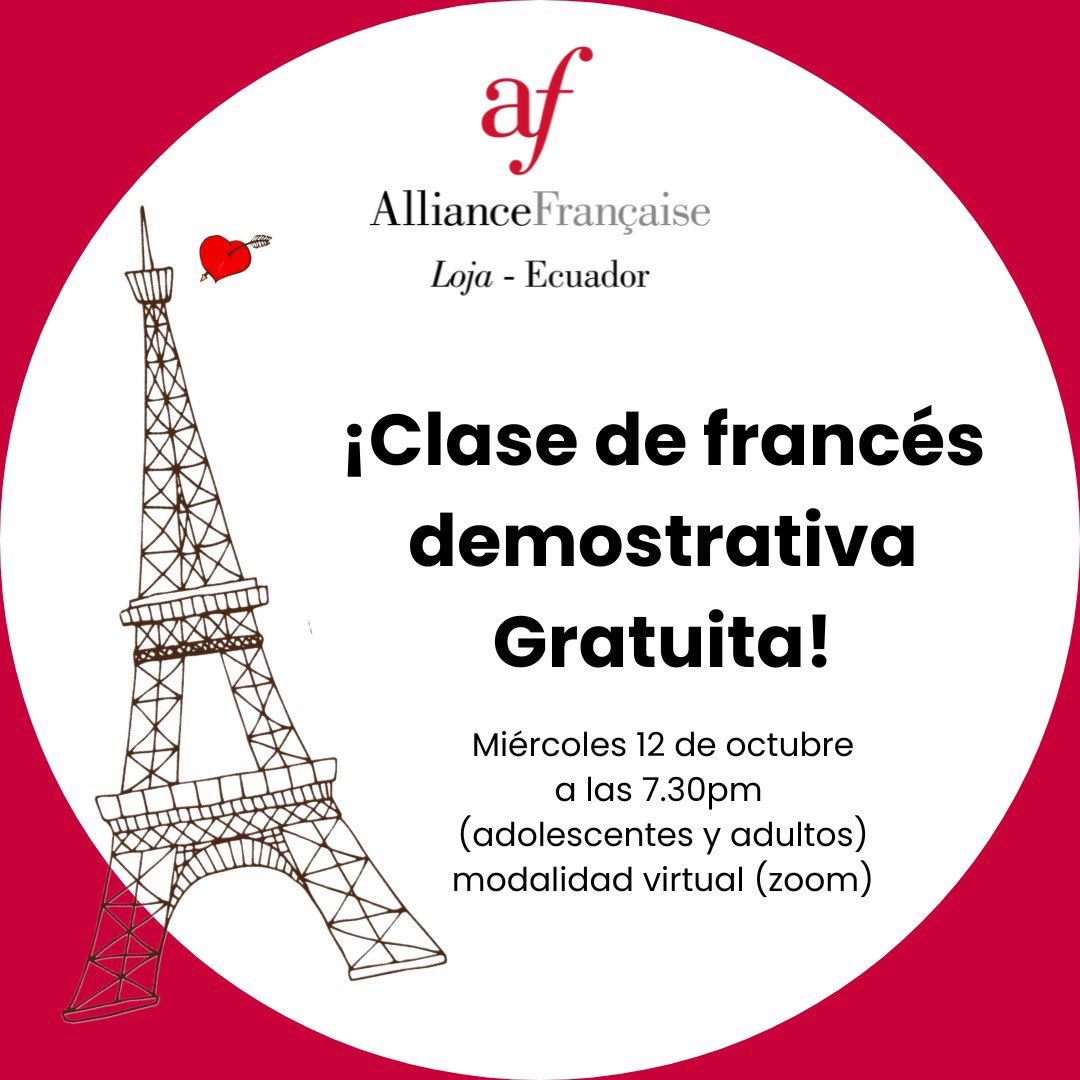 AF_Loja's tweet photo. ¿Todavía no te inscribes? te ofrecemos una clase demostrativa gratuita el 12 de octubre a las 19h30. Para registrarte debes llenar este formulario. Luego te llegara el enlace para conectarte con una de nuestras profesoras.
https://t.co/WwAhqLeJ3T
#unetealmundoconelfrances https://t.co/JPYSAqaWiE