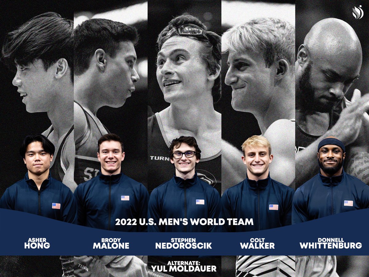 USAGym's tweet photo. Introducing: The 2022 U.S. Men’s World Team

⭐️ Asher Hong
⭐️ Brody Malone
⭐️ Stephen Nedoroscik
⭐️ Colt Walker
⭐️ Donnell Whittenburg
⭐️ Traveling Alternate: Yul Moldauer https://t.co/Yc38Vrlatb
