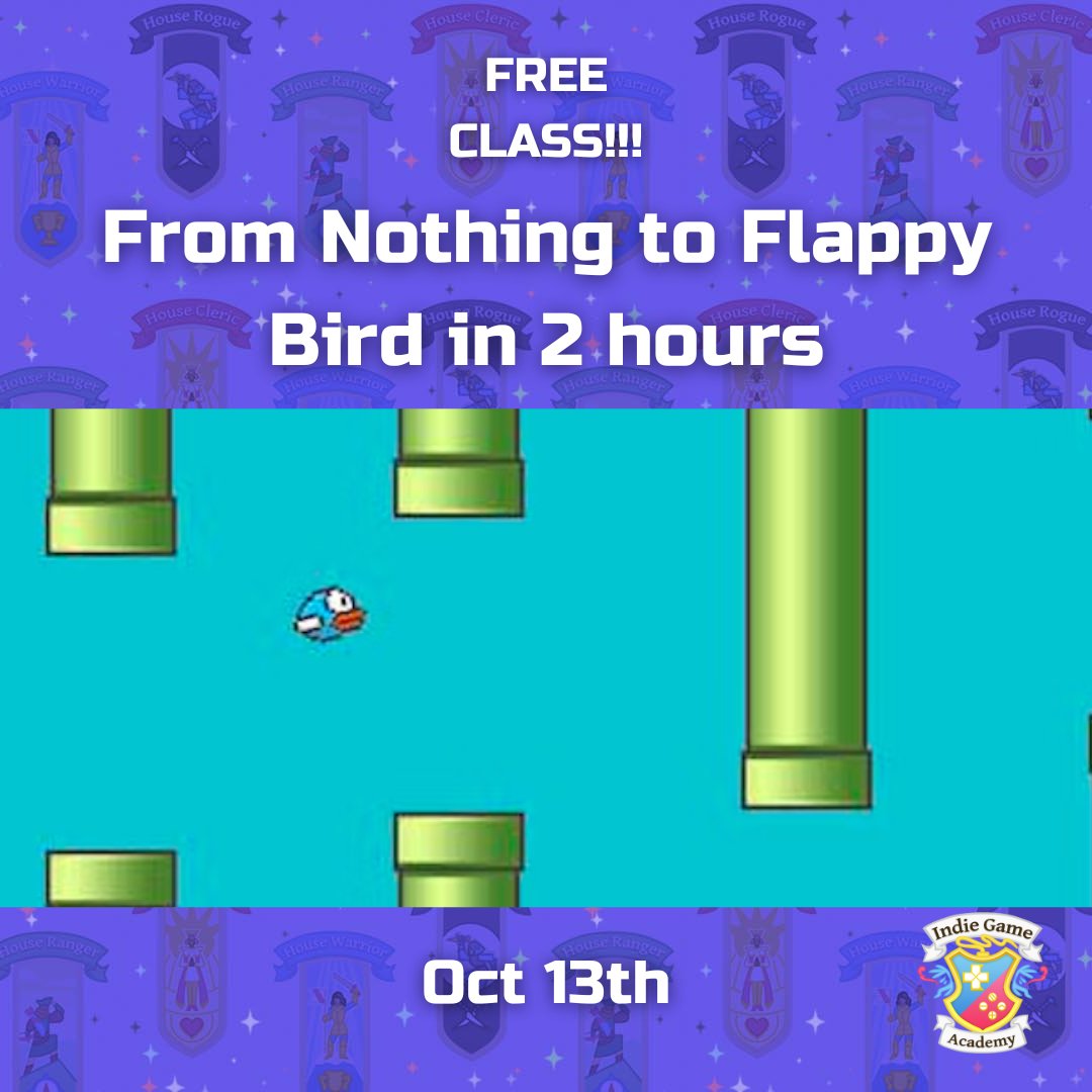 iga_academy's tweet photo. Our free classes have also returned!

This time, it's the From Nothing to Flappy Bird in 2 hours, this next October 13th. Register today to make sure there's a spot for you!

Find the link in our bio. 

#gamedev #iga #indiegameacademy #gamedevcourse #indiedev #gamedevlife https://t.co/AyDlrjc8kh