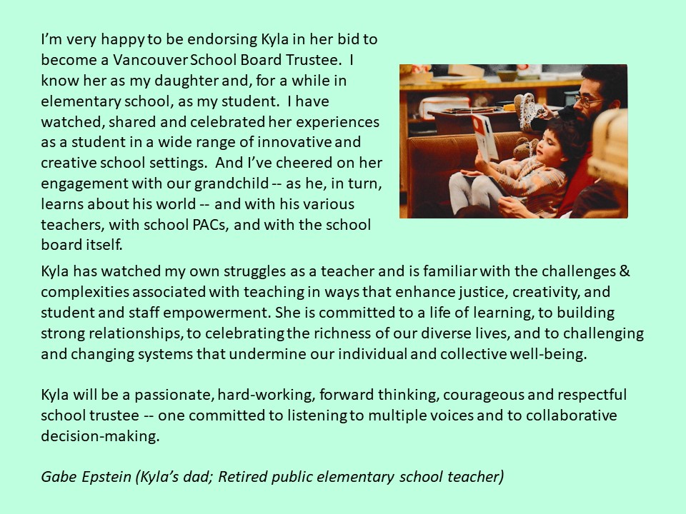 Kyla Epstein (she/her) (@kylaepstein) on Twitter photo #WorldTeachersDay seems like the right #VanElxn2022 day to share these words that one of my favourite teachers wrote for me during the <a href="/OneCityVan/">OneCity Vancouver</a> nomination process. My dad is an amazing community activist and was an incredible teacher for me and so many kids. Thank you dad! 💖 #WorldTeachersDay seems like the right #VanElxn2022 day to share these words that one of my favourite teachers wrote for me during the <a href="/OneCityVan/">OneCity Vancouver</a> nomination process. My dad is an amazing community activist and was an incredible teacher for me and so many kids. Thank you dad! 💖