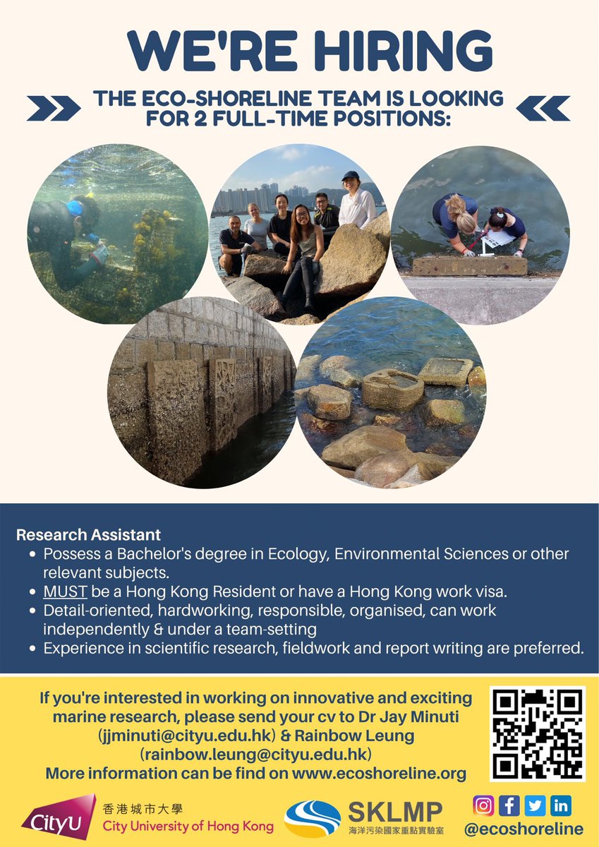 #HongKong #earlycareer #scientists! @ecoshoreline is hiring again! If you want to be part of globally innovative artificial #coastline #research then check out the below and send us your CV! #hk #ecoengineering #marinescience