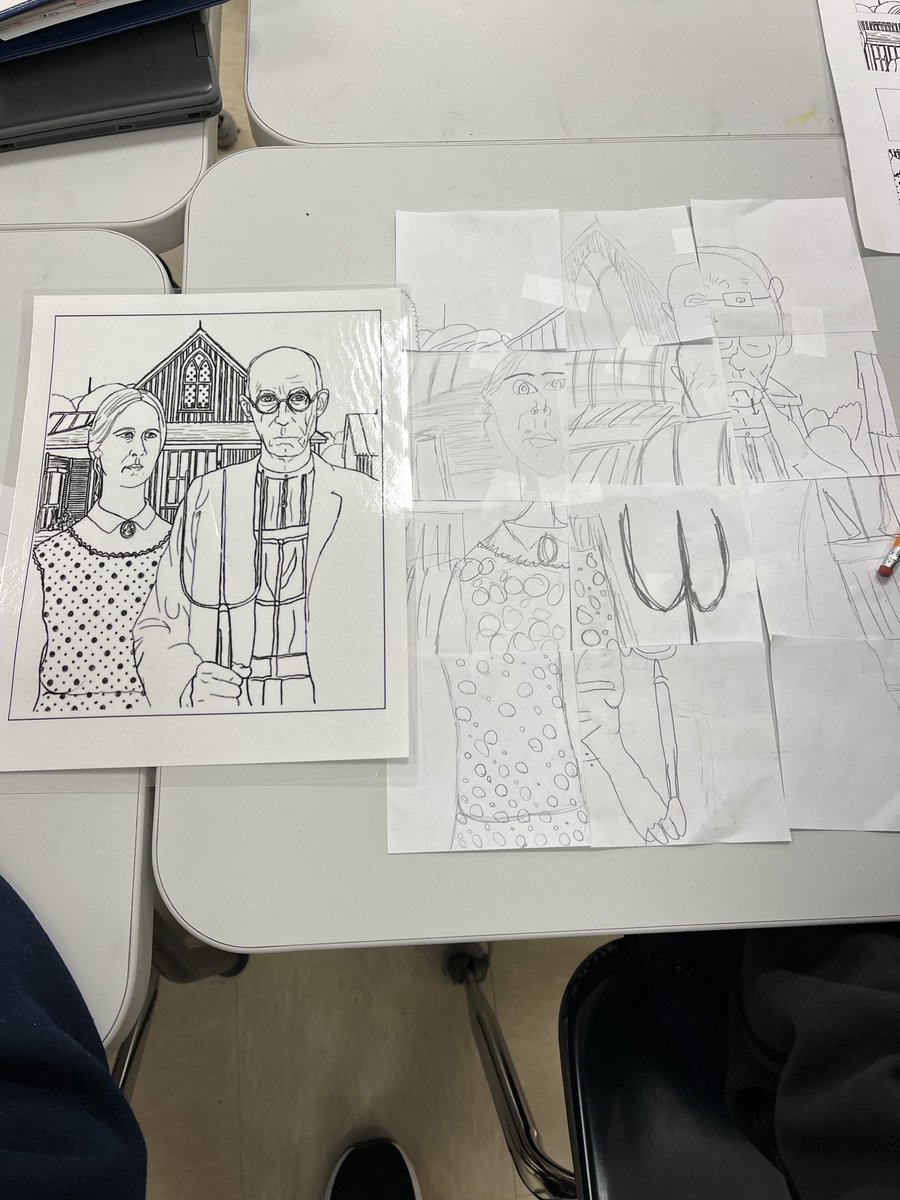 FinleyMath's tweet photo. Using a pencil sketch of American Gothic to introduce dilations. What scale factor happens to area when the original sides are doubled? If you don’t know, you might be surprised. #cridgepride https://t.co/aXd8TxsZru