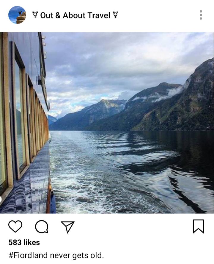 Jim and Olu's IG. Photo of Fiordland from the boat. Caption reads "#Fiordland never gets old" 
