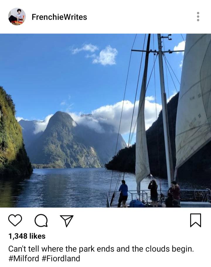 Frenchie's IG. Photo of Fiordland from the boat. Caption reads "Can't tell where the park ends and the clouds begin. #Milford #Fiordland" 