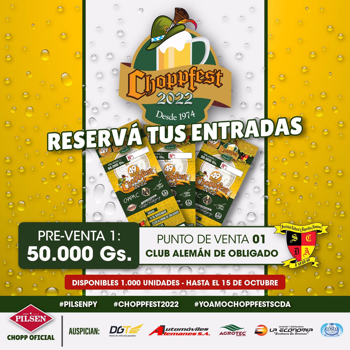 Habilitamos oficialmente la venta de anticipadas 💃🏼🕺🏼😍🎉🎊
❌Primera tanda limitada hasta el 15 de octubre a 50.000Gs para el día sábado❌
.
📍Adquirí la tuya en el Club Alemán de Obligado. 🍺 
.
📌Próximamente anunciaremos los demás puntos de venta!