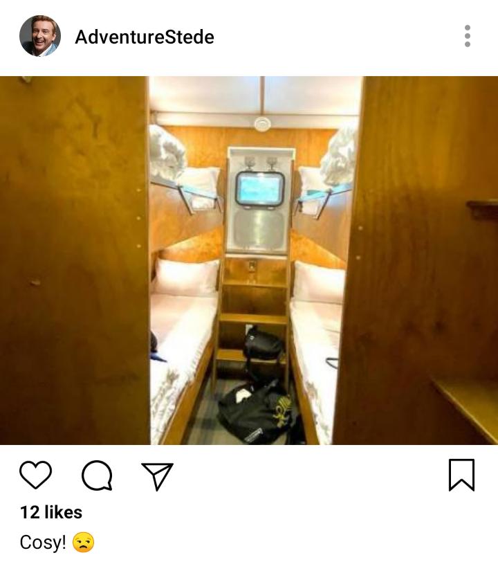 Stede's IG. Photo of bunk compartment. Caption reads "cosy 🙄" 