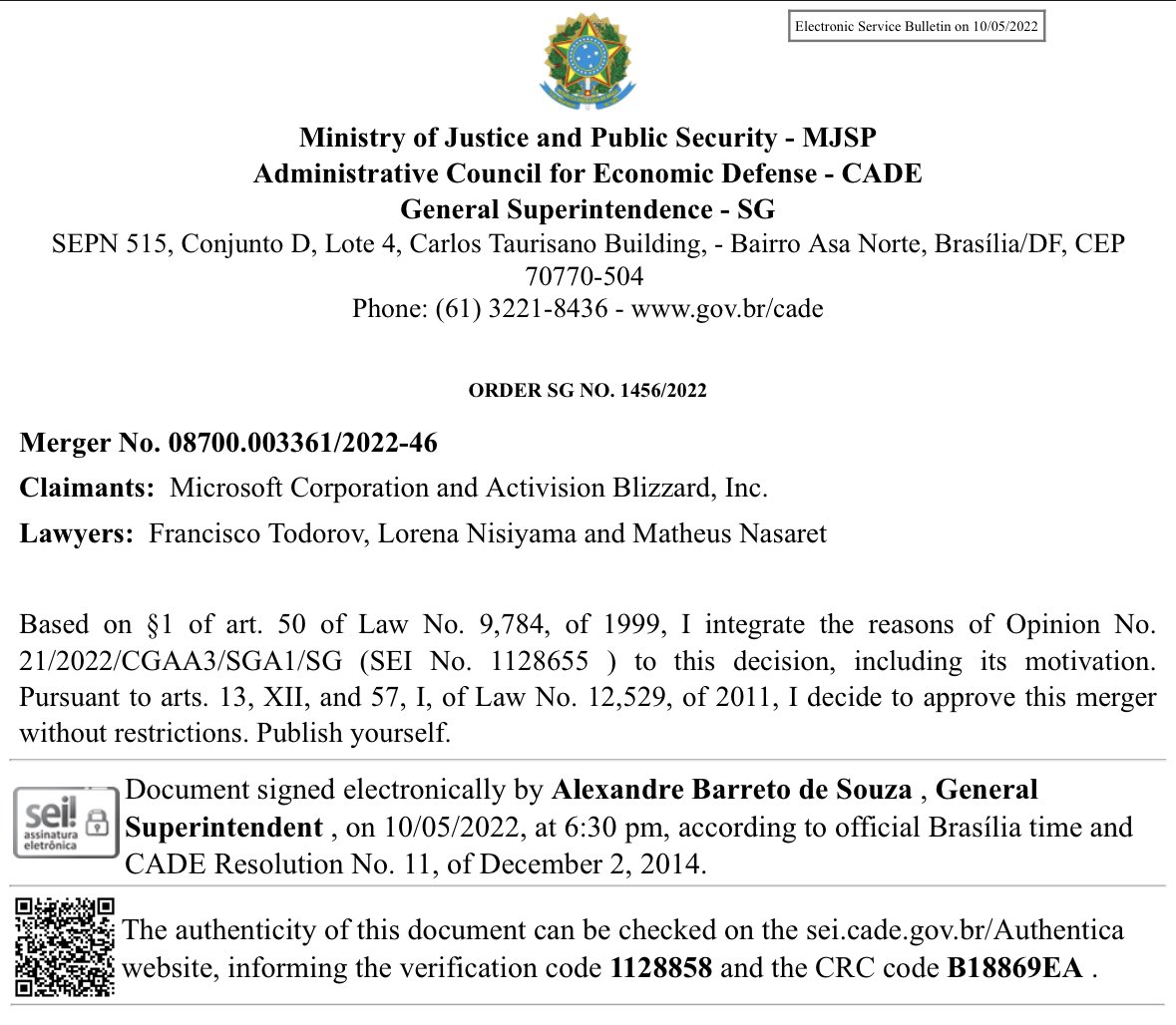 Tom Warren on X: Brazil's competition regulator, CADE, has approved Microsoft's  Activision Blizzard acquisition without restrictions. It says the decision  was made for Brazilian consumers, and “not the defence of the particular