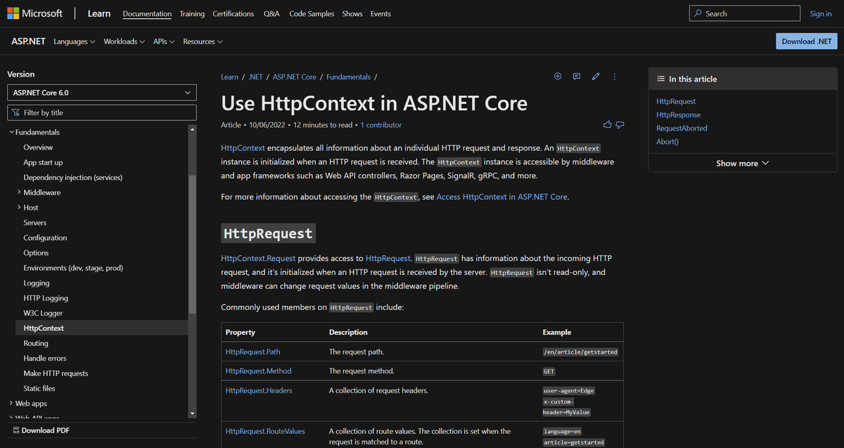 A new doc on how to use HttpContext is available on <a href="/docsmsft/">Microsoft Dev Docs</a>.
📋 Getting and setting headers
📥 Request bodies
☠️ Aborts and cancellation
🙆‍♂️ User property
⭐️ Features collection
✅ Thread safety

Better late than never 🤓

learn.microsoft.com/aspnet/core/fu…