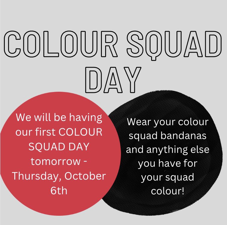 WSSStudentUnion's tweet photo. Tomorrow we will be having our FIRST colour squad day of the year🎉

Wear your squad bandana and anything else you have to match your colour to ear points for your squad💪

Don’t know what squad you belong to? Fill out the google form in your grade google classroom to find out! https://t.co/r5pNPecgkY