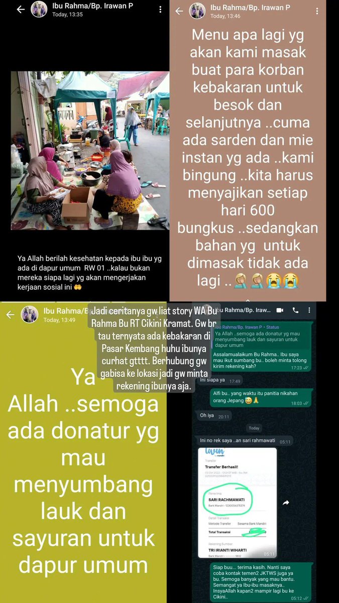 ALFFlE's tweet photo. Baru tau ternyata ada kebakaran di Pasar Kembang Cikini Kramat. Terus Bu Rahma yang dulu bantu masak buat nikahan Genta Yuri pas JKTWS curhat di WA 😭 Kalau mau bantu bisa langsung transfer aja yaa ke Bu Rahma. https://t.co/euW77I22xq