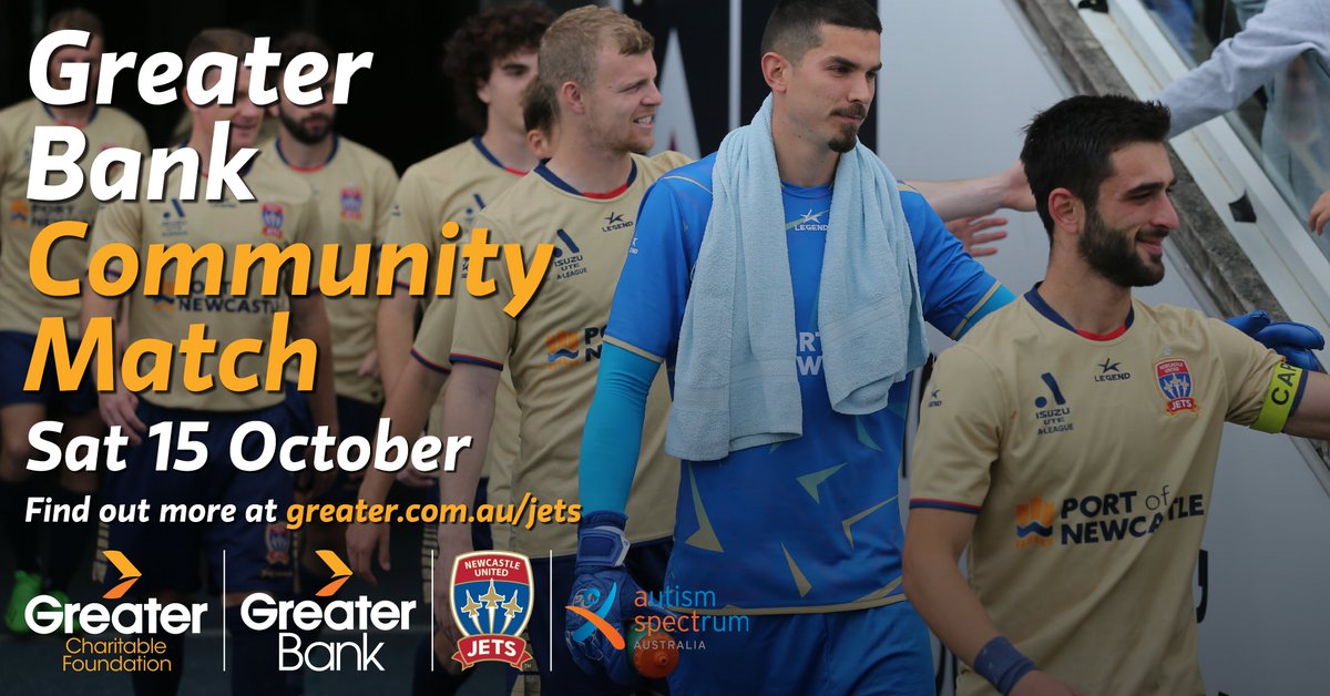 GreaterBankAU's tweet photo. Kicking off your @NewcastleJetsFC home season with Community Round! Get to MJS early on Oct 15 to enjoy our entertainment precinct and catch the Jets taking on @PerthGloryFC. Proudly supporting our @GreaterCF partner, @AutismSpectAust. #JetsConnect β€οΈπ https://t.co/c84pSN1tgA https://t.co/q6sLvv0hap