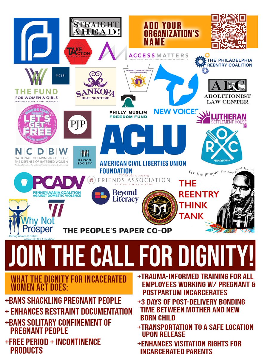 DignityActNow's tweet photo. Thank you to all the PA groups rising with commitment to restoring dignity for incarcerated women, trans and non-binary people. Join us, Support the Dignity Act, House Bill 1419. #DignityActNow Big announcement tomorrow from Philly City Council Member, @KendraPHL !! https://t.co/gQeFNSpzX0