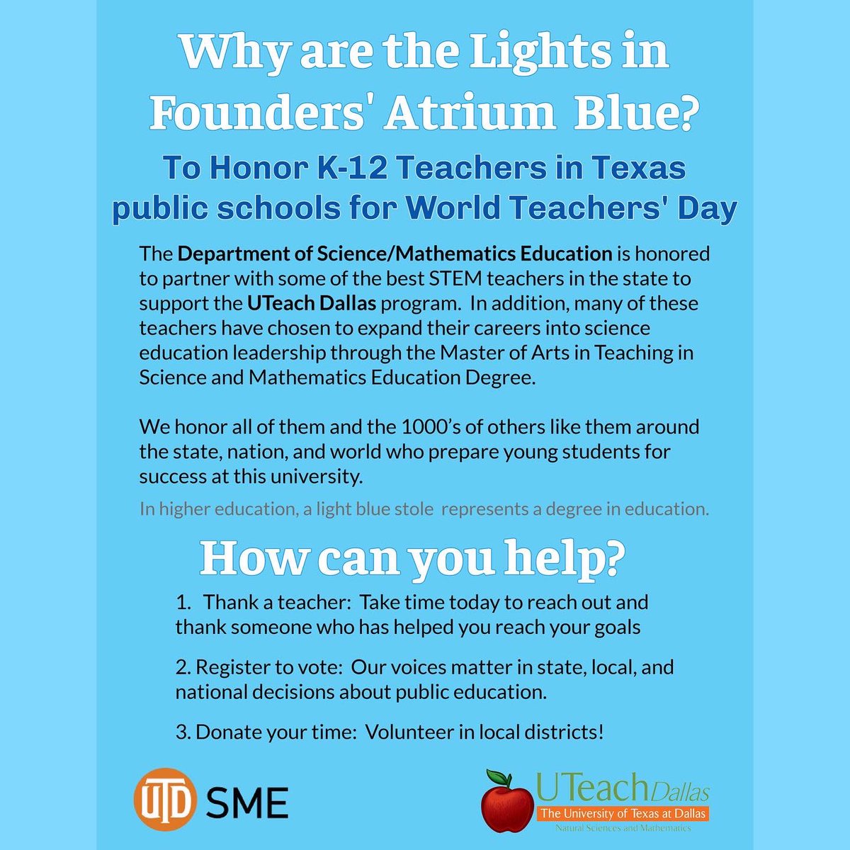 UTDSME's tweet photo. We honor all teachers from K-12, the university level, those who teach for us, those we have trained to teach.  We prepare teachers, they touch the future.  
Founders is lit blue tonight in honor of #WorldTeachersDay! 
#uteachdallas #utdsme #utdscience #teacherscan #utd https://t.co/jDA3f2IZdU